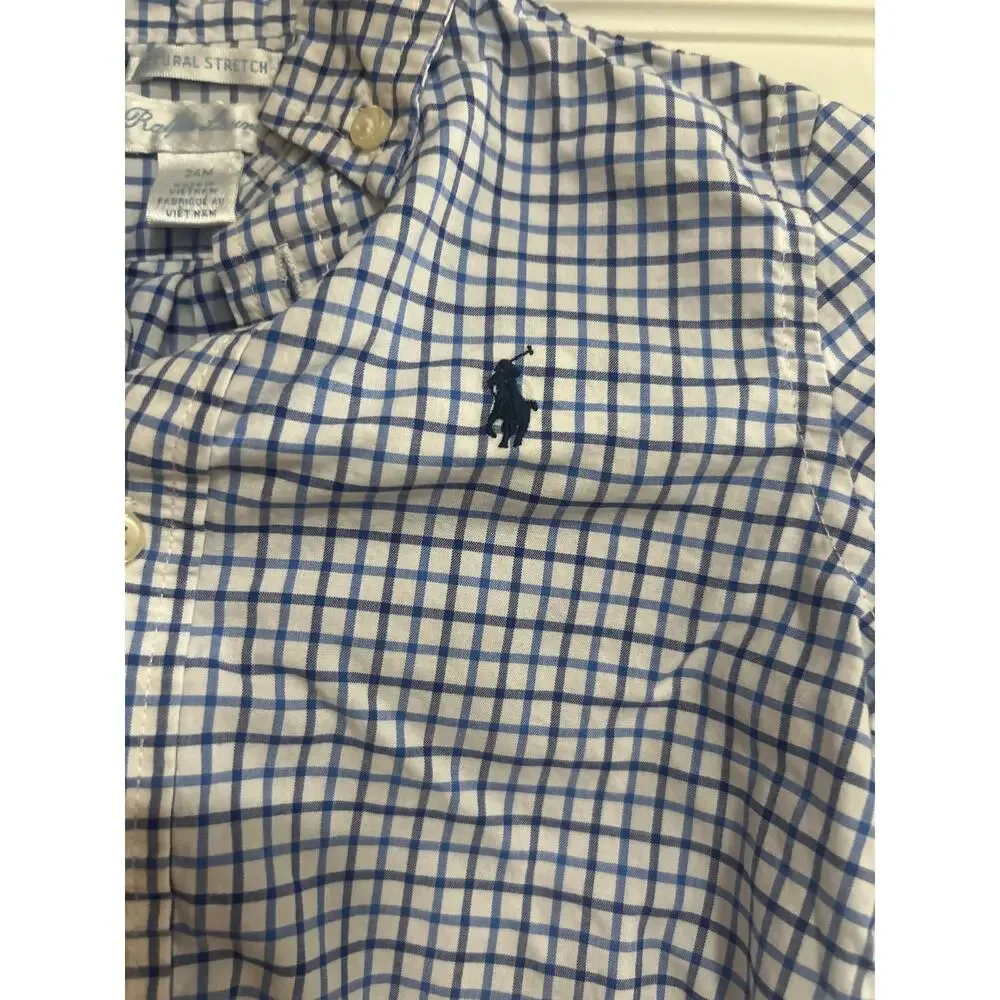Polo Ralph Lauren Boys 24M Natural Stretch Blue White Plaid Button Down Shirt